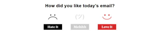 An image showing how The Hustle asks for feedback in every newsletter. The image says How did you like today’s email? Readers can click on hate it, mehhh, or love it.