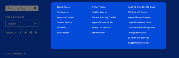 Screenshot of Ahrefs website showing internal links to its most popular tools and blog posts in the footer of their site