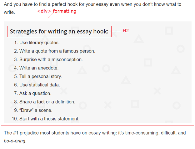 Example of a list formatted with the <div> element to answer a searcher's how question.>