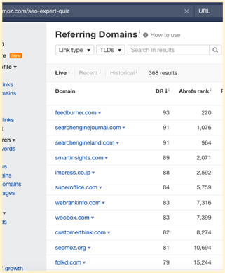 Referring domains with high authority: FeedBurner, Search Engine Journal, Search Engine Land, Smart Insights, Impress, Super Office, Web Rank Info, Woobox, and Customer Think.