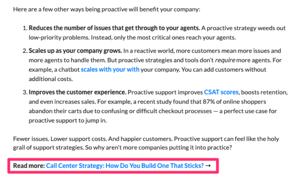 An image showing how we internally linked to our advice for a call center strategy in a guide about proactive customer service guide.