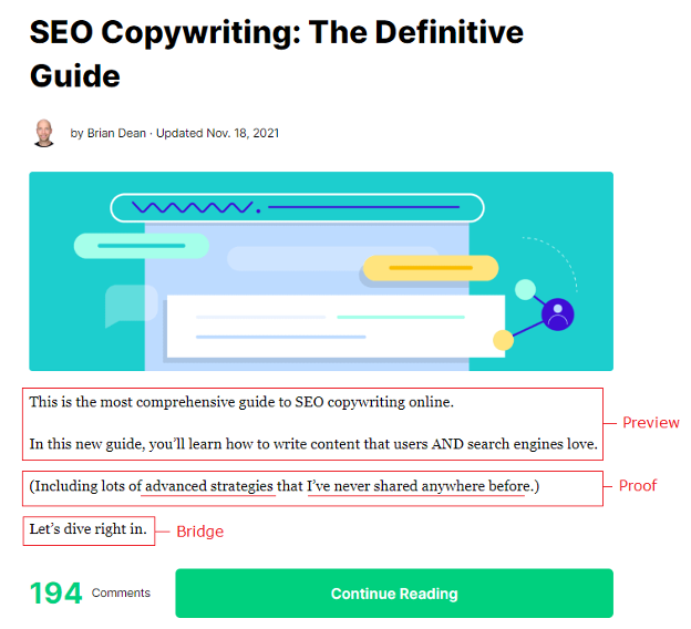 Example of preview, proof, bridge approach to content introductions or ledes. 