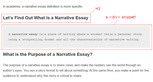 Example of a question header and a copy block matching search intent formatted as a <div> element