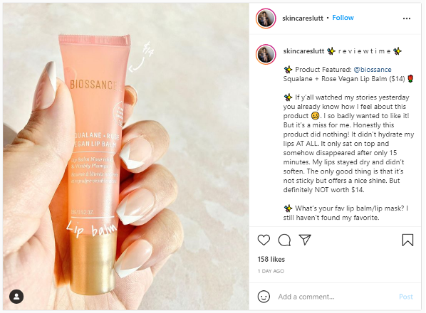 Instagram post containing a not-favorable review of Biossance lip balm. 