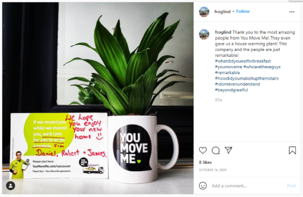 User-generated content example showing Instagram post containing review for You Move Me moving company.