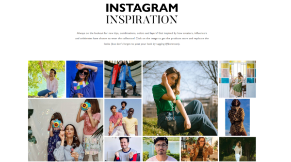 Benetton website Instagram Inspiration page showing user-generated content of people wearing outfits that include the brand's clothing. 