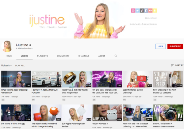 YouTube page for iJustine listing her unboxing videos